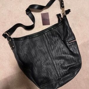Roots black leather shoulder tote purse bag